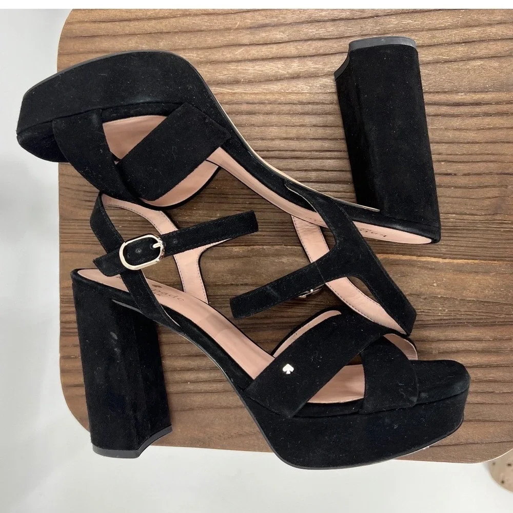 Kate Spade Delia Black Suede Platform Block Heel‎ Sandals Square Toe Strap 7.5B
